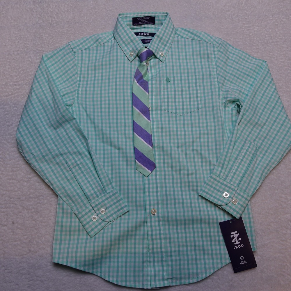 IZOD Shirt and Tie Set Boys XS 6/7 Light Green Gingham Long Sleeve ITSIB02K-330